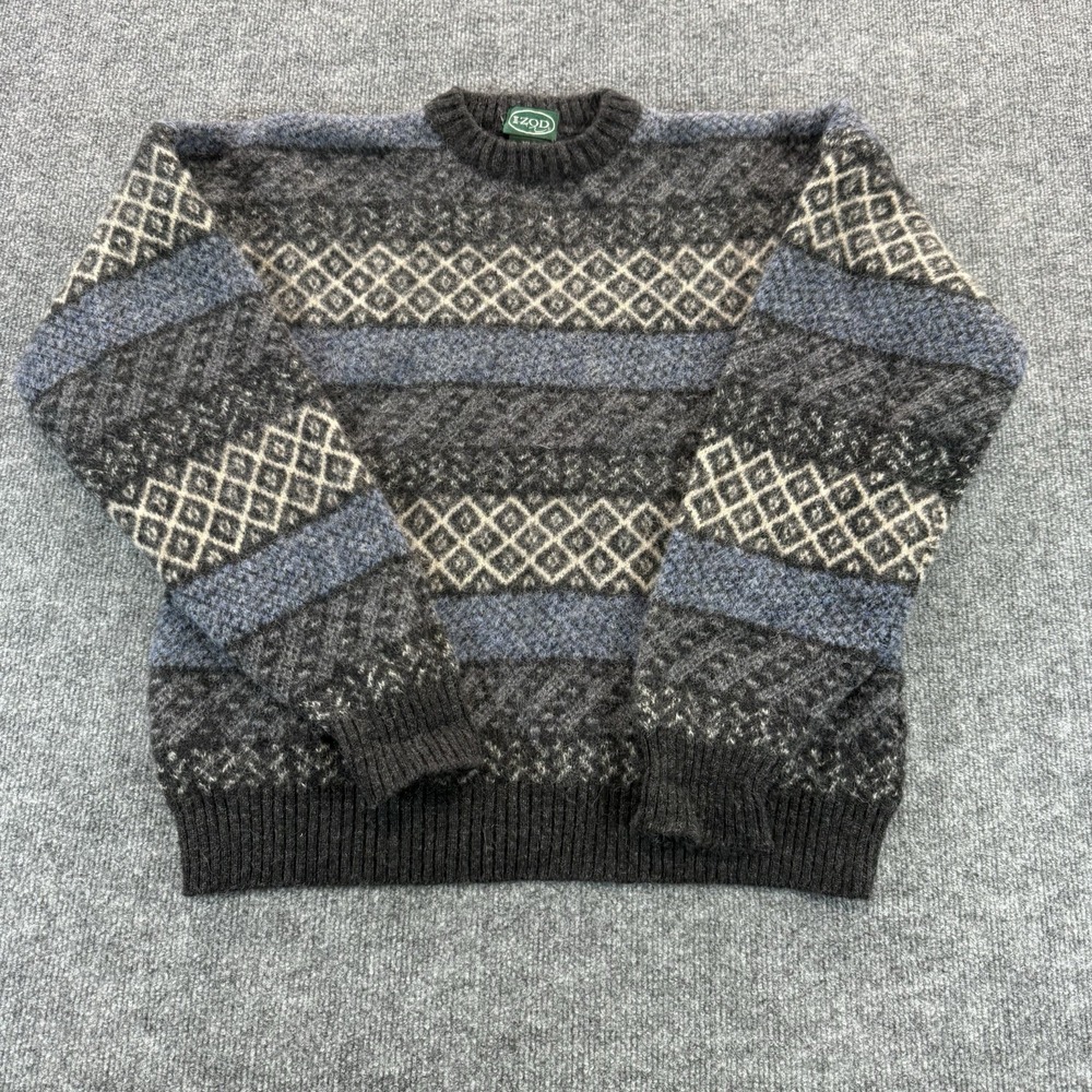 VTG Izod 100% Virgin Wool Sweater Mens XL Charcoal Gray Fair Isle Made in Italy